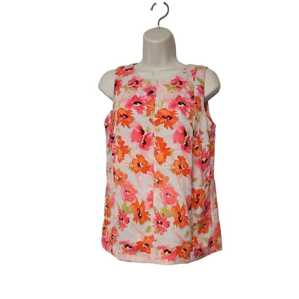ANN TAYLOR LOFT Bright Floral Blouse Top XXS Sleeveless Poppy Keyhole Cl…